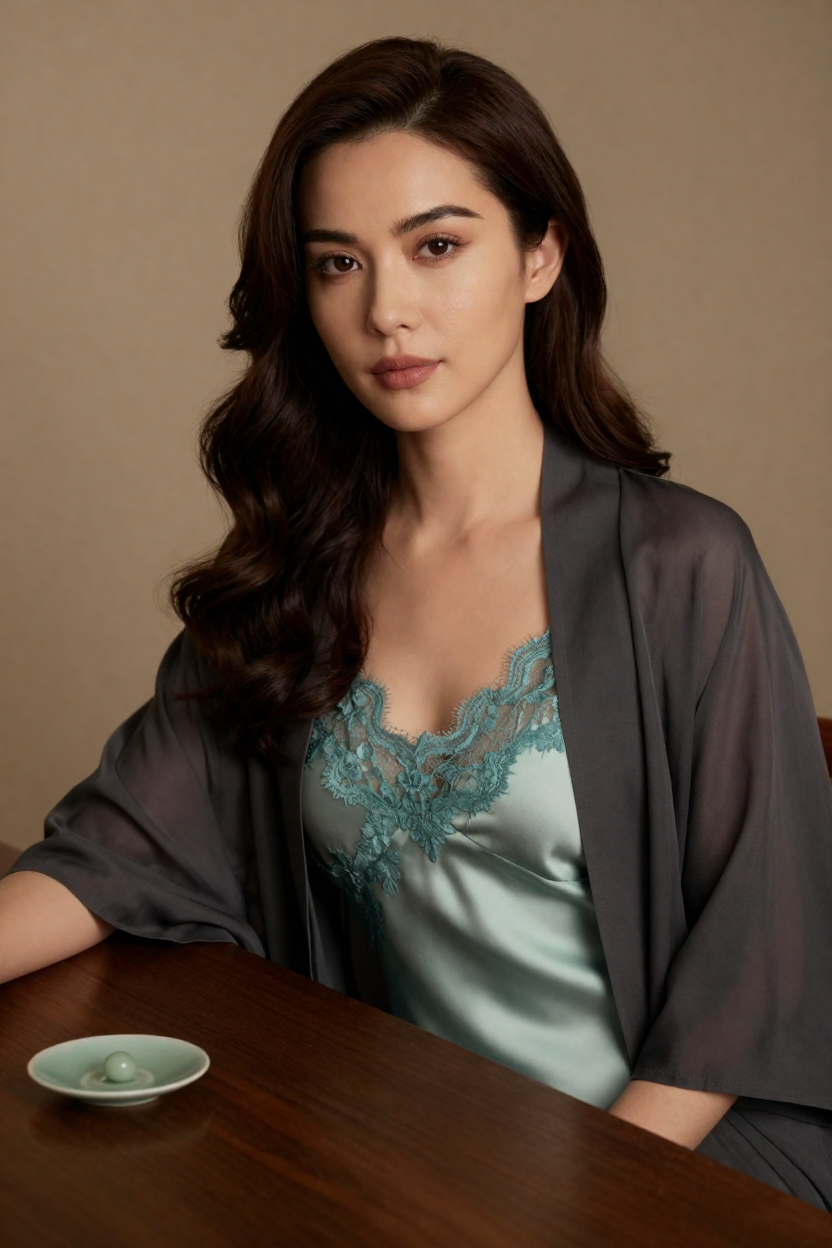 Fictional 29-year-old woman, dark chestnut hair in long polished waves over one shoulder, fair skin with